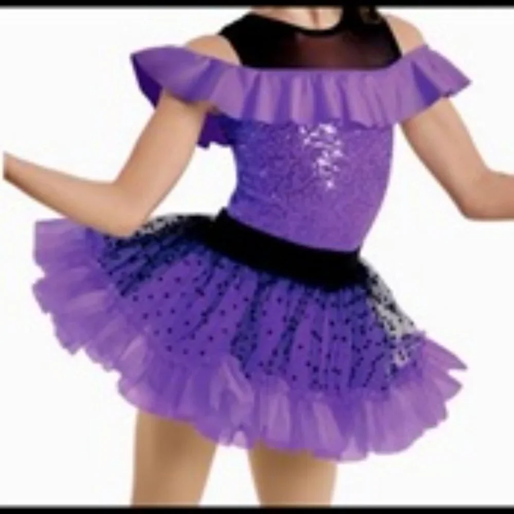 Weissman IC #10908 purple and black faux off shoulder/ ruffle on shoulder&skirt